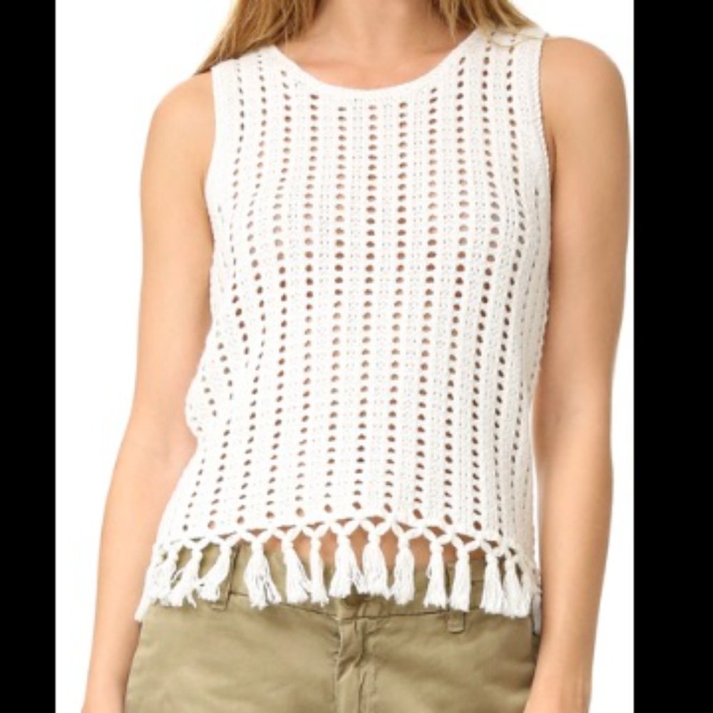 Madewell Ivory Open Stitch Crochet Sweater Vest XS Knit Tank Tassel Fringe Hem